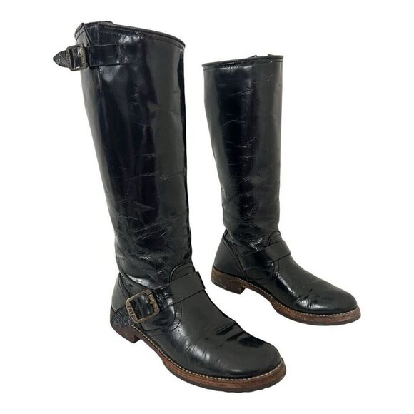 Frye Size 7 Veronica Slouch Tall Distressed Black Patent Leather Biker Boots - Picture 1 of 8